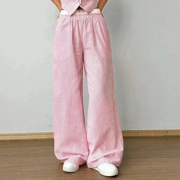 Multicolor Casual Women's Striped Sleeveless V-Neck Top And Pocket Pants Set - Picture 4 of 6